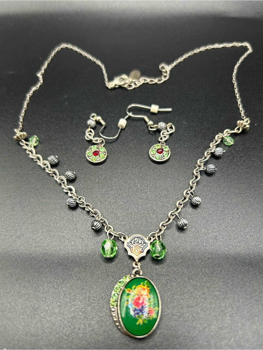 Silver-Tone Green Floral Pendant Necklace & Earring Swarovski Crystals - Orna - Picture 3 of 4